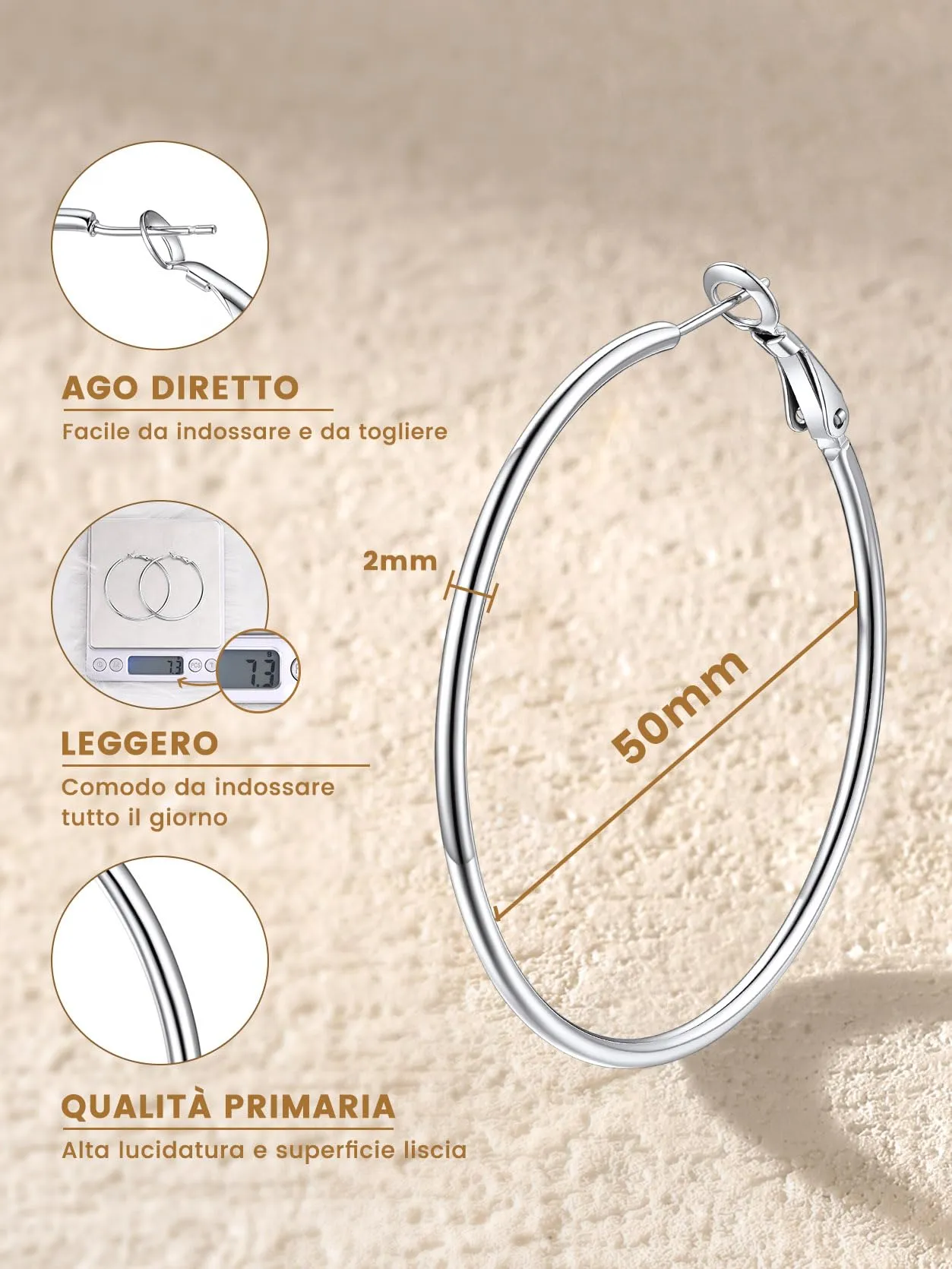 GoldChic Orecchini Cerchio Media 50mm Argento Acciaio Inox - immagine 8