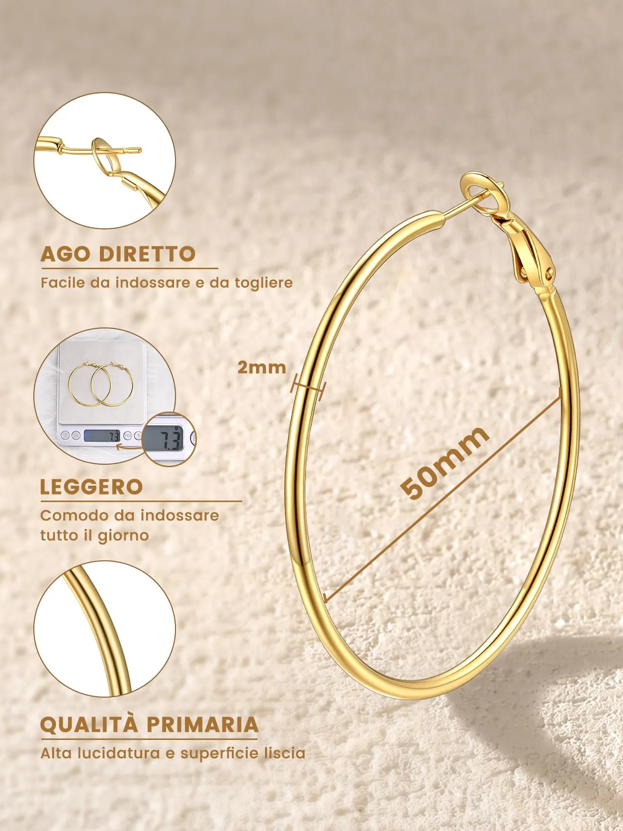 GoldChic Orecchini Cerchio Media 50mm Oro in Acciaio Inox - immagine 5