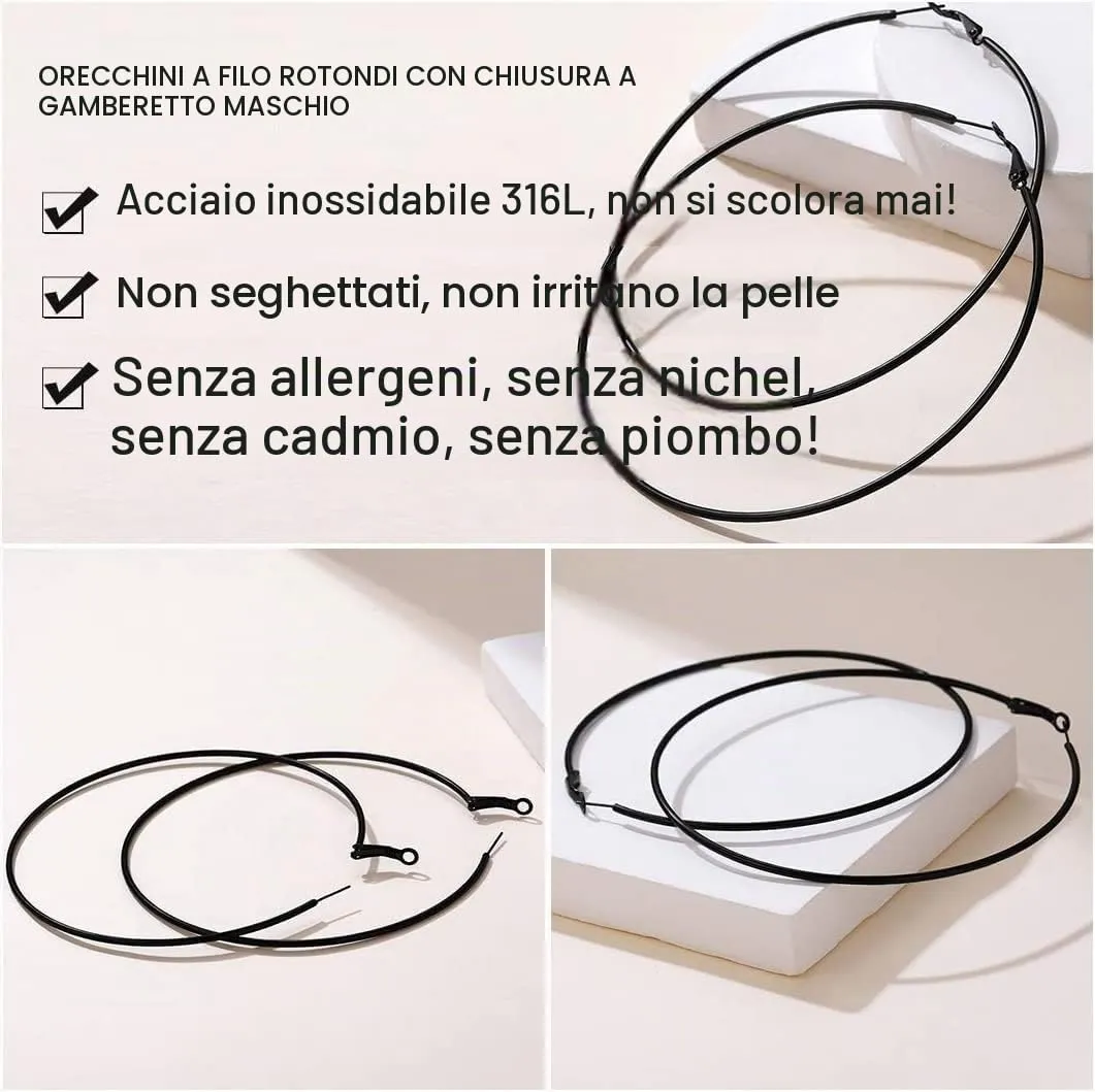 GoldChic Orecchini Cerchio Grande 70mm Nero in Acciaio Inox - immagine 5