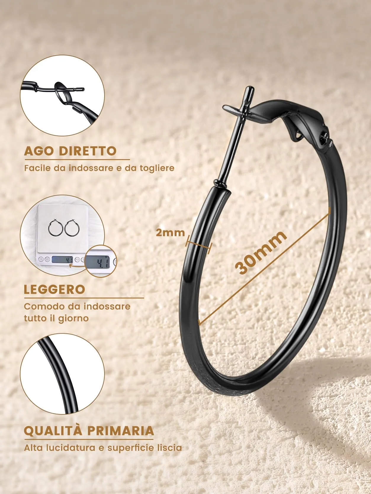 GoldChic Orecchini Cerchio 30mm Nero in Acciaio Inox - immagine 8