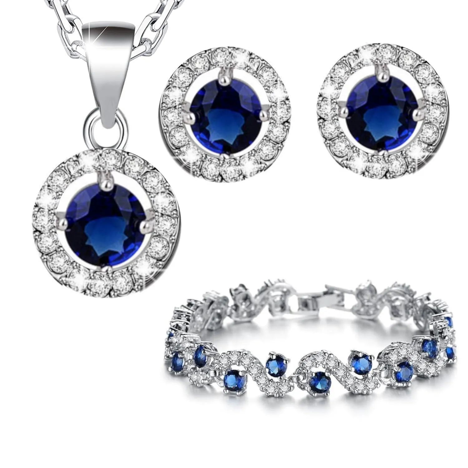Crystalline Azuria Donna 18ct Placcato Oro Bianco Rotondo Zaffiro simulato Blu Cristalli di Zirconi Parure Collana con Ciondolo Orecchini Bracciale - immagine 1