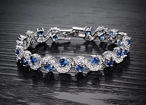 Crystalline Azuria Donna 18ct Placcato Oro Bianco Rotondo Zaffiro simulato Blu Cristalli di Zirconi Parure Collana con Ciondolo Orecchini Bracciale - immagine 5