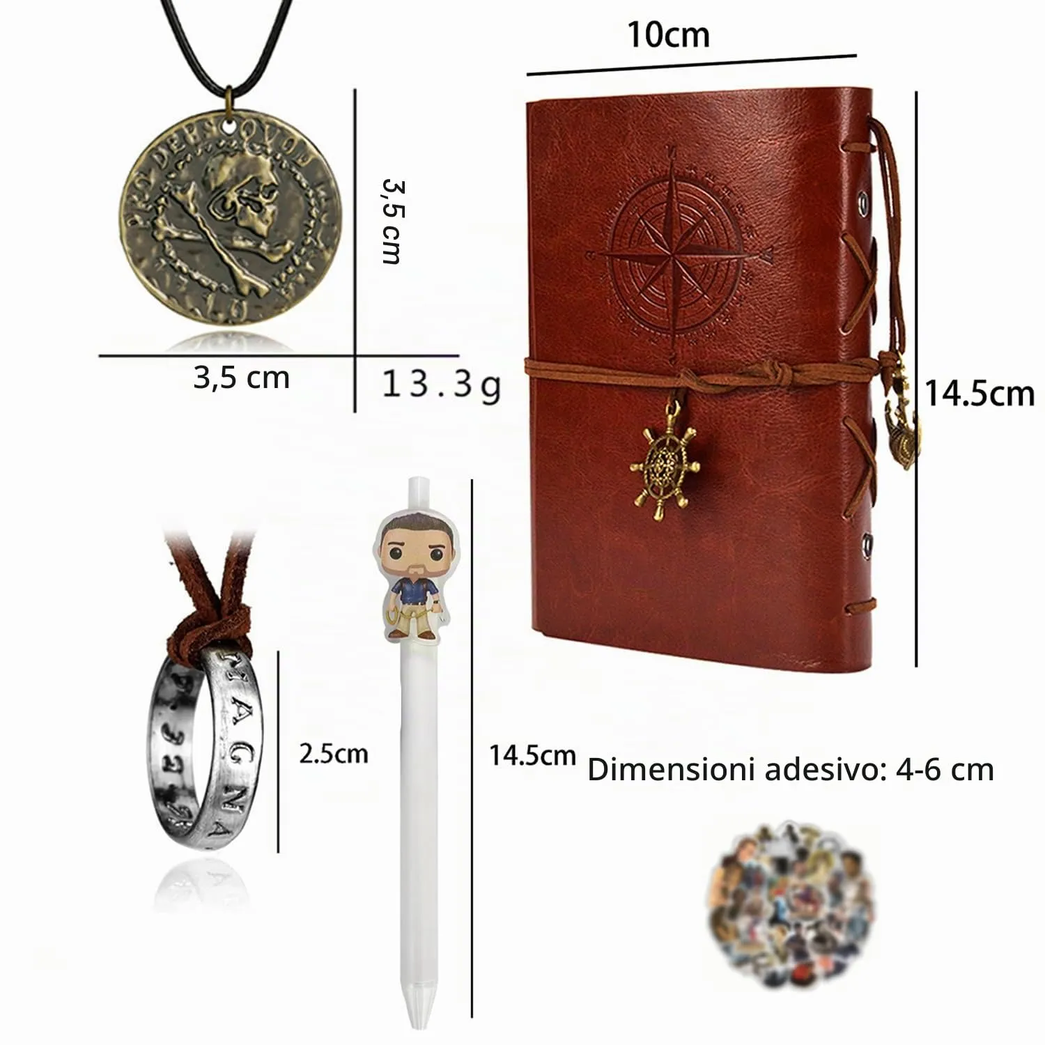 UoYu Uncharted - Set di 4 gioielli con teschio in bronzo, collana con anello e braccialetto in pelle, diario e taccuino con penna - immagine 2