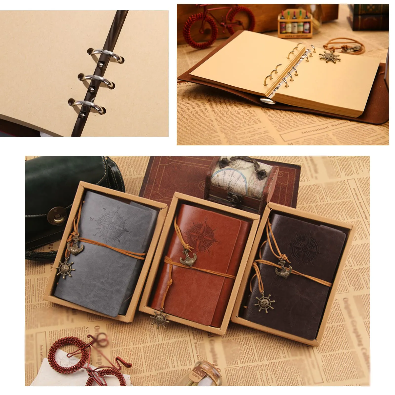 UoYu Uncharted - Set di 4 gioielli con teschio in bronzo, collana con anello e braccialetto in pelle, diario e taccuino con penna - immagine 5