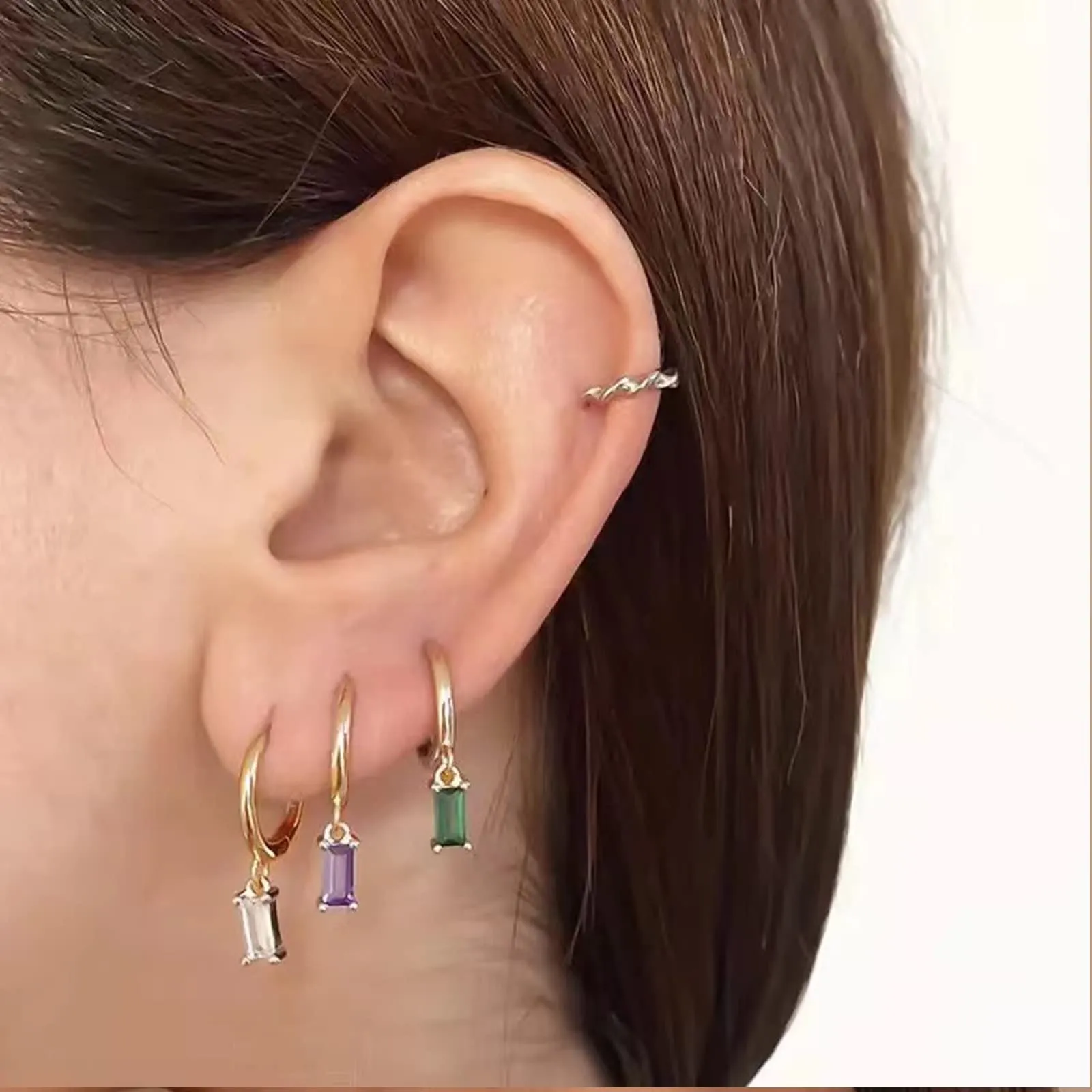 Orecchini creoli in oro da donna con pendente verde, orecchini a cerchio in oro 14 carati, unisex, 2 pezzi, Zircone - immagine 3