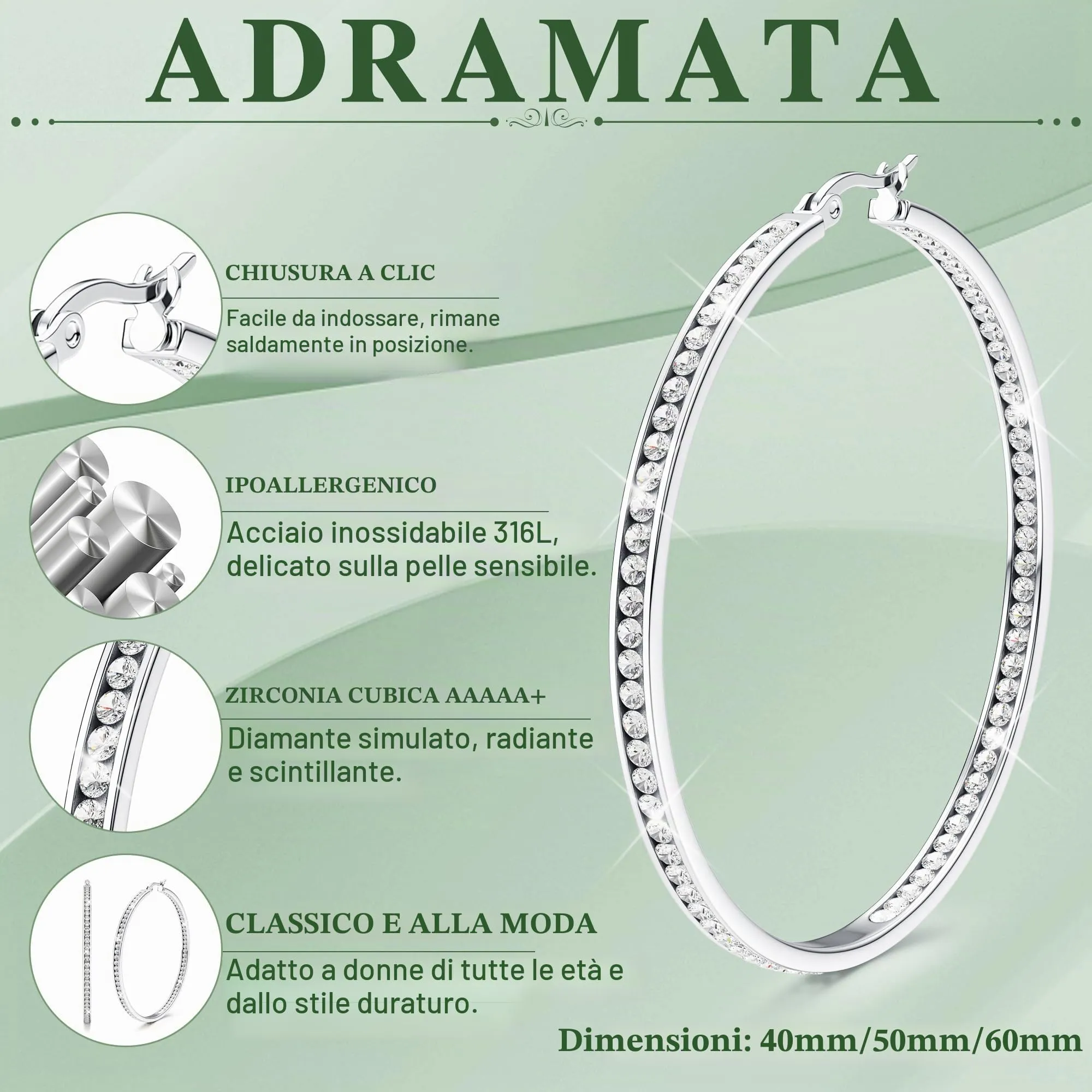 Adramata Orecchini Donna Orecchini Cerchio Zirconia Cubica Orecchino - immagine 2