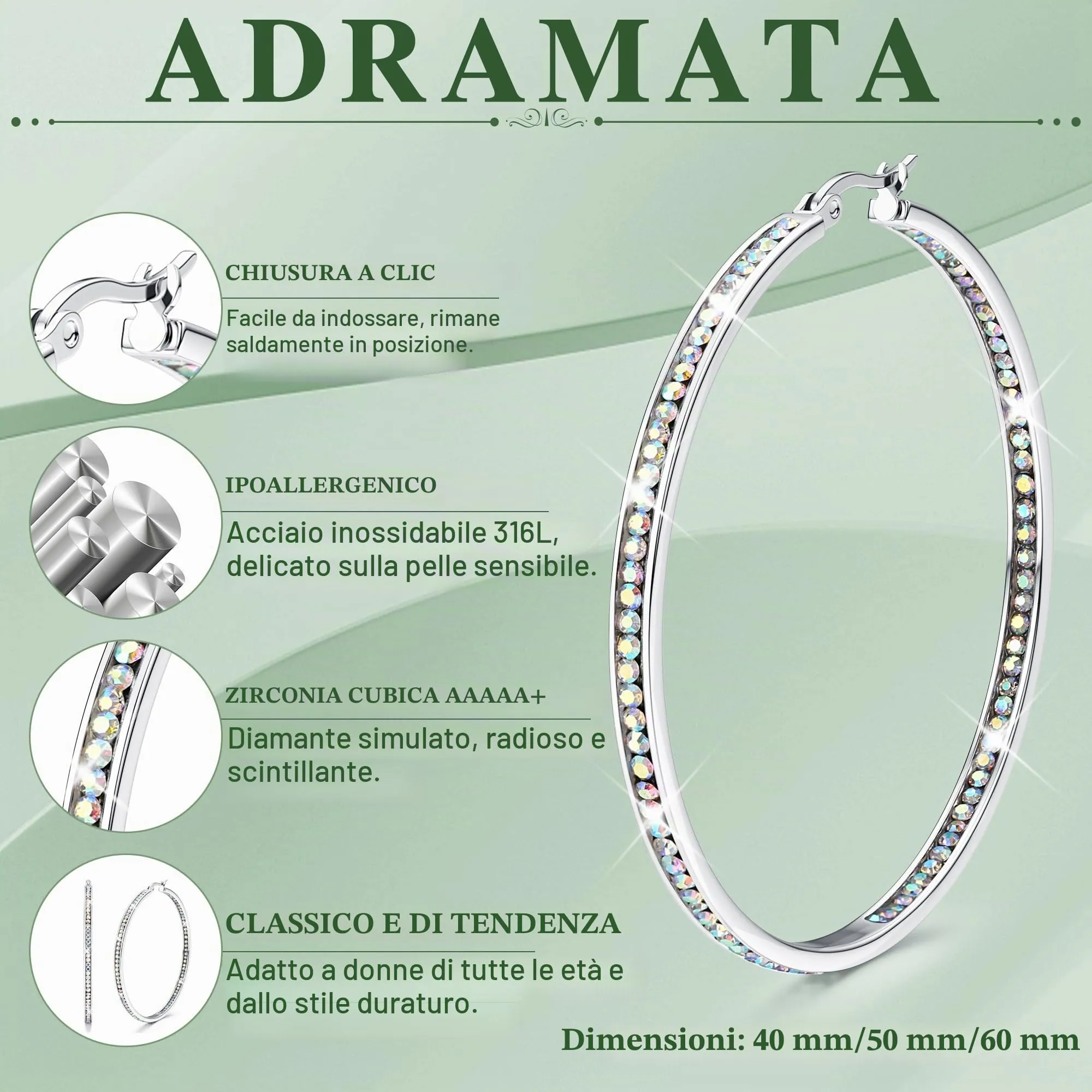 Adramata Orecchini Donna Orecchini Cerchio Zirconia Cubica Orecchino - immagine 2