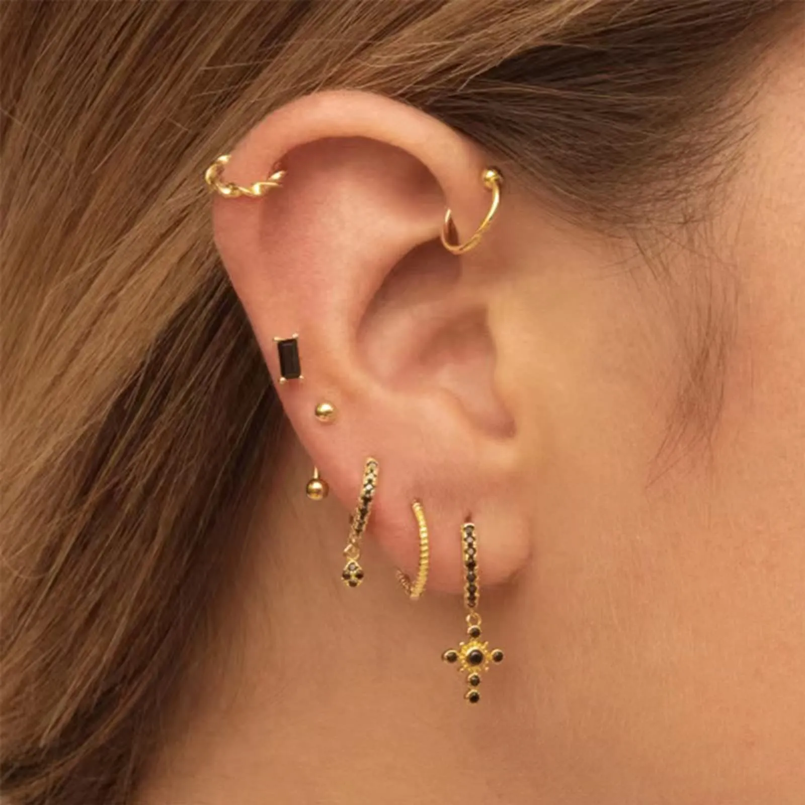Orecchini creoli in oro da donna con pendente verde, orecchini a cerchio in oro 14 carati, unisex, 2 pezzi - immagine 4