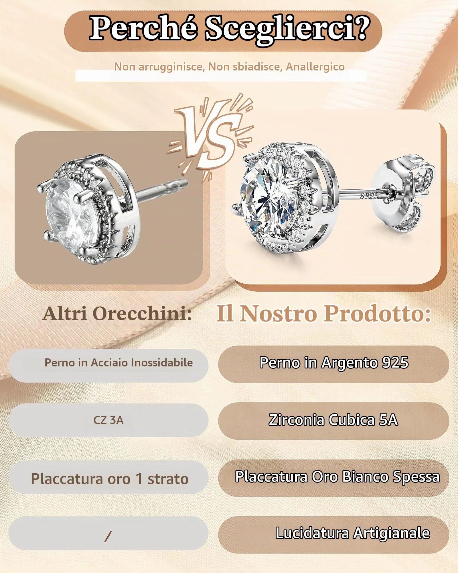 Orazio Orecchini a Bottone Perni in Argento 925 per Donna Uomo - immagine 7