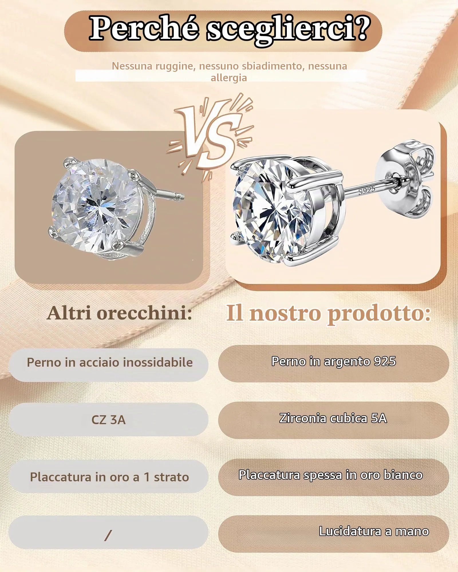 Orazio Orecchini a Bottone Perni in Argento 925 per Donna Uomo - immagine 7