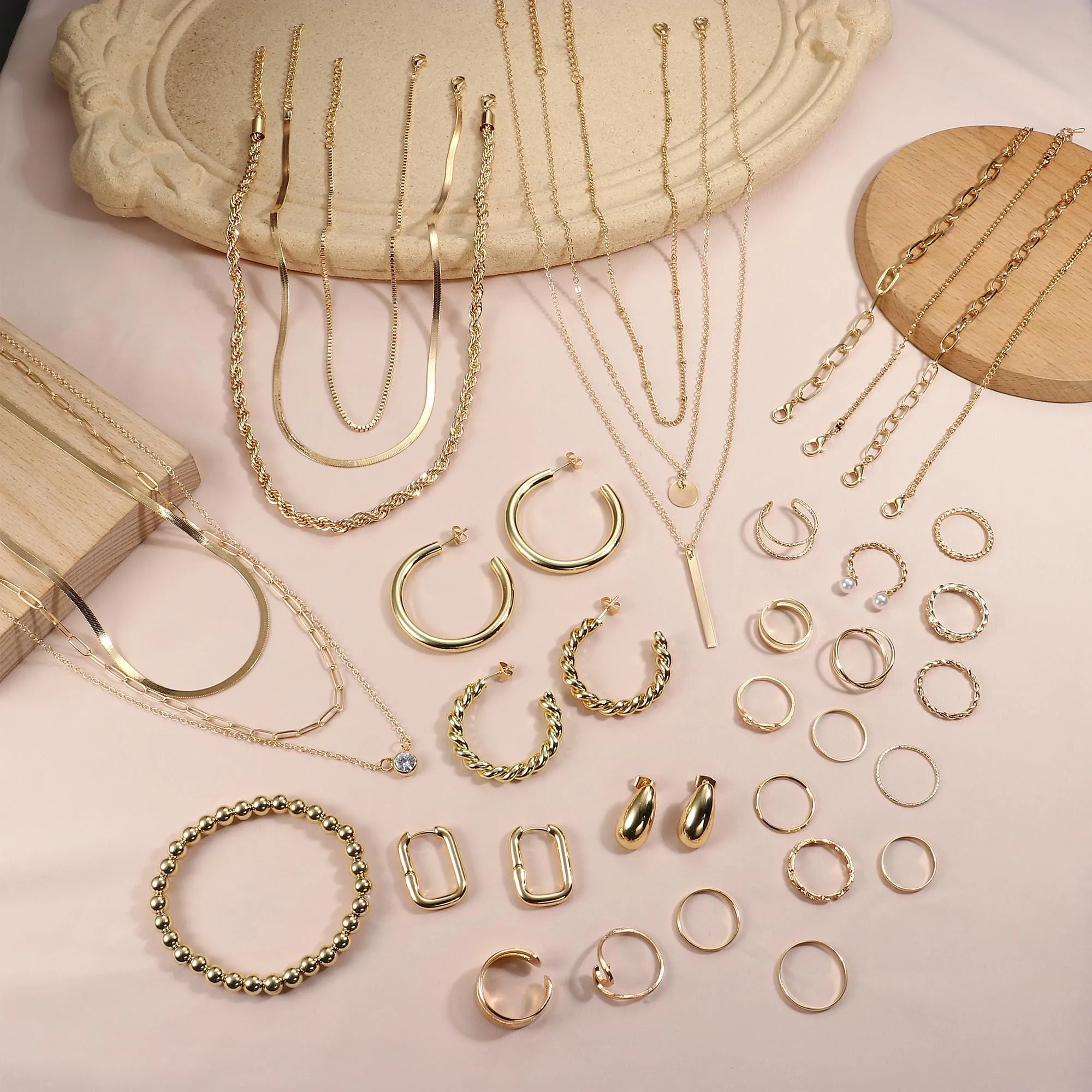 Morfetto Set di gioielli in Tono Dorato per le donne alla moda Chunky Tono Dorato Orecchini a cerchio Accessori in Collana e bracciale set gioielli Pacchetto - immagine 3
