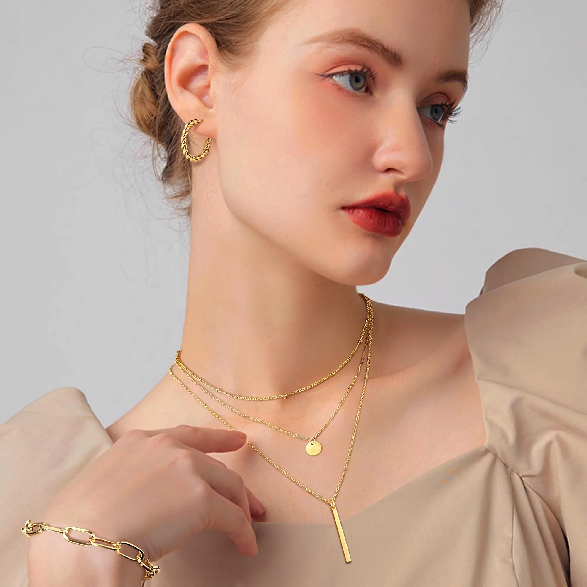 Morfetto Set di gioielli in Tono Dorato per le donne alla moda Chunky Tono Dorato Orecchini a cerchio Accessori in Collana e bracciale set gioielli Pacchetto - immagine 6