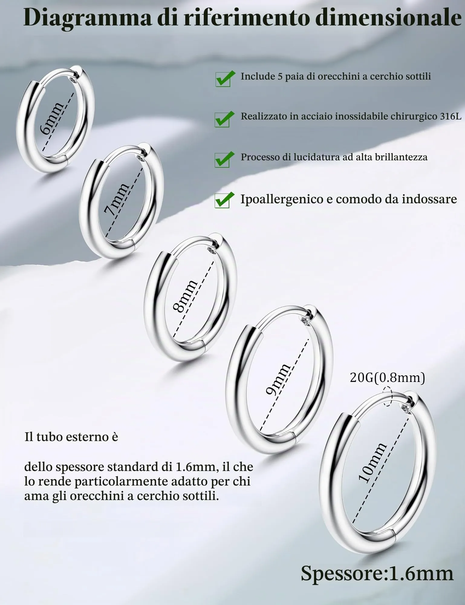 KRFY Piccoli Orecchini Cerchio per Donna Uomo Set acciaio inossidabile Cartilagine Huggie Orecchini 6/7/8/9/10MM Daith Helix Piercing Anello Gioielli Orecchini Dormienti a Cerniera Cerchi Color argento-s - immagine 2