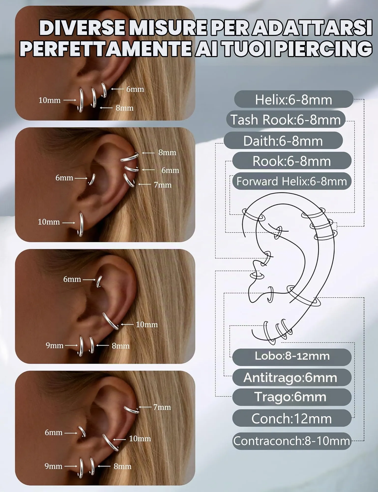KRFY Piccoli Orecchini Cerchio per Donna Uomo Set acciaio inossidabile Cartilagine Huggie Orecchini 6/7/8/9/10MM Daith Helix Piercing Anello Gioielli Orecchini Dormienti a Cerniera Cerchi Color argento-s - immagine 4