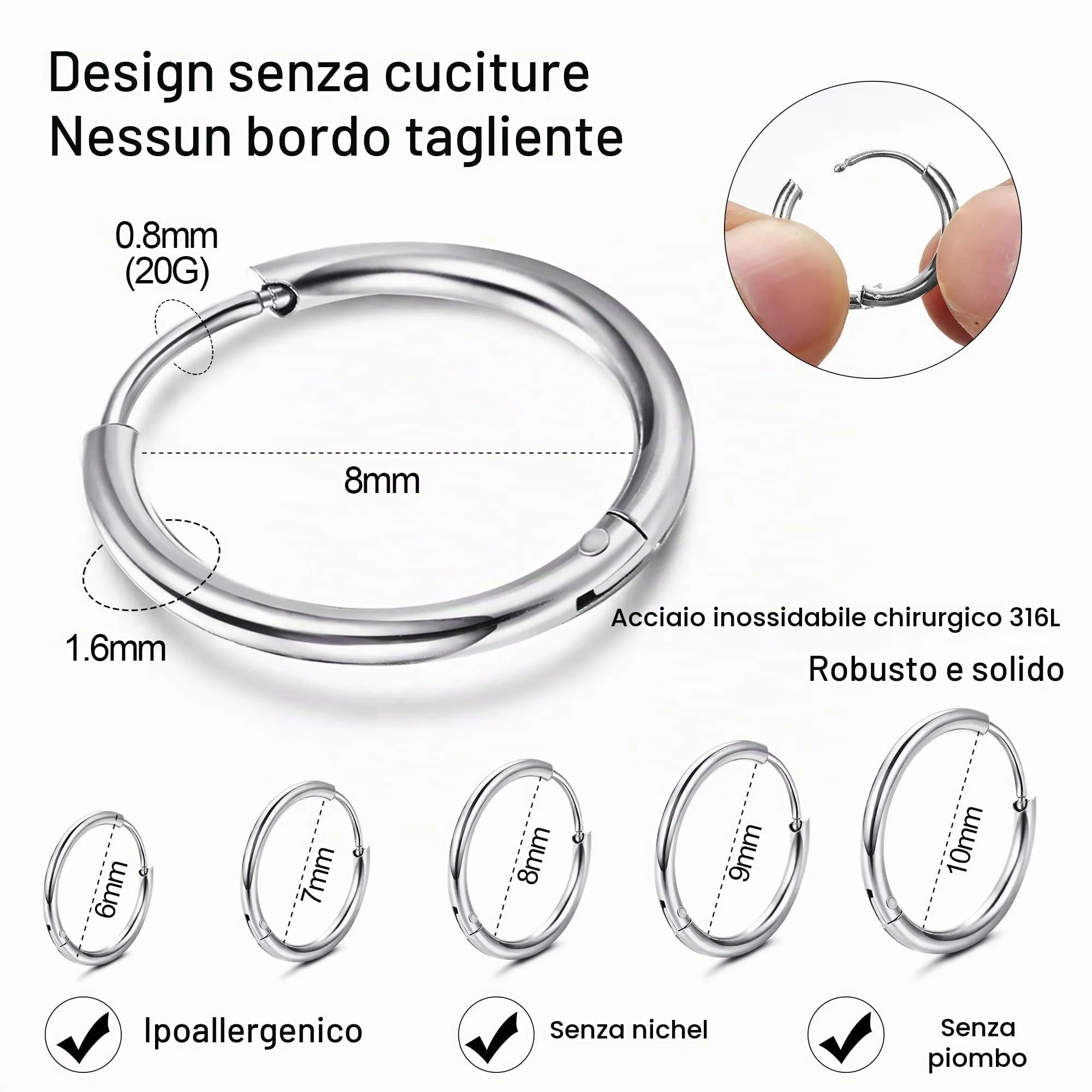 KRFY Piccoli Orecchini Cerchio per Donna Uomo Set acciaio inossidabile Cartilagine Huggie Orecchini 6/7/8/9/10MM Daith Helix Piercing Anello Gioielli Orecchini Dormienti a Cerniera Cerchi Color argento-s - immagine 9
