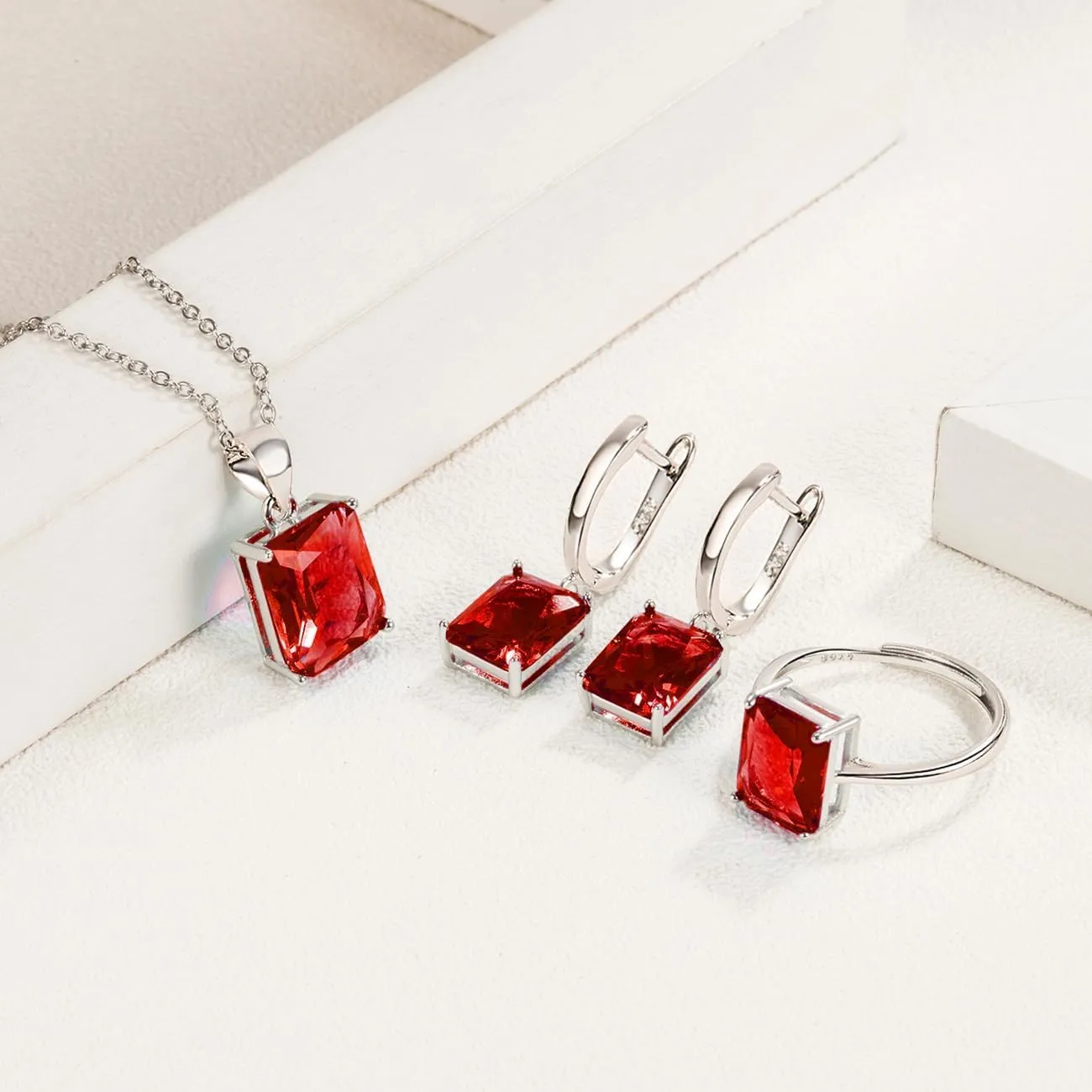 FDEETY 3 Pezzi Parure Gioielli Quadrato Cristallo Collana Orecchini Anello Argento Elegante Donna Set Gioielleria Lusso - immagine 7