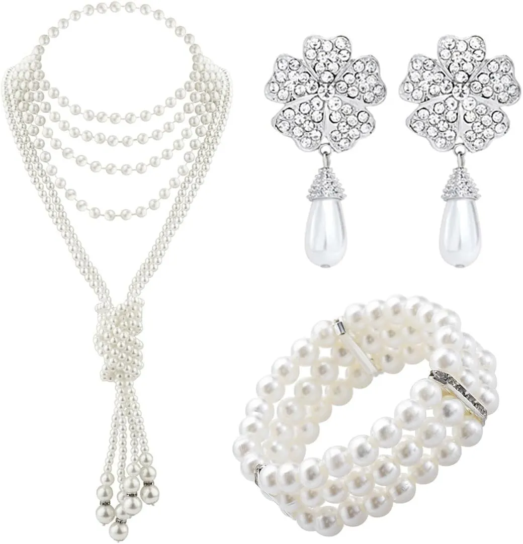 TOEECY Set Gioielli Sposa Perle Collana Multistrato Orecchini Fiore Bracciale Elegante Cerimonia Matrimonio Accessori Donna - immagine 1