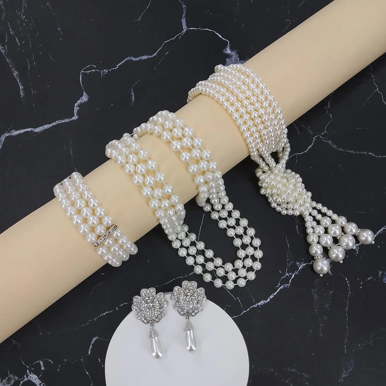 TOEECY Set Gioielli Sposa Perle Collana Multistrato Orecchini Fiore Bracciale Elegante Cerimonia Matrimonio Accessori Donna - immagine 2