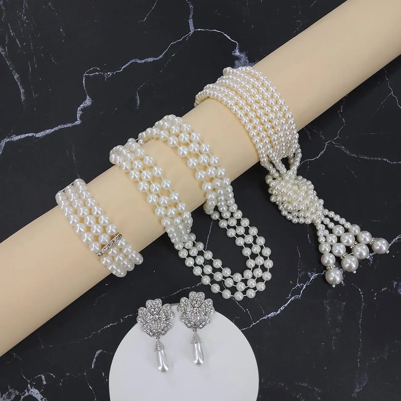 TOEECY Set Gioielli Sposa Perle Collana Multistrato Orecchini Fiore Bracciale Elegante Cerimonia Matrimonio Accessori Donna - immagine 3