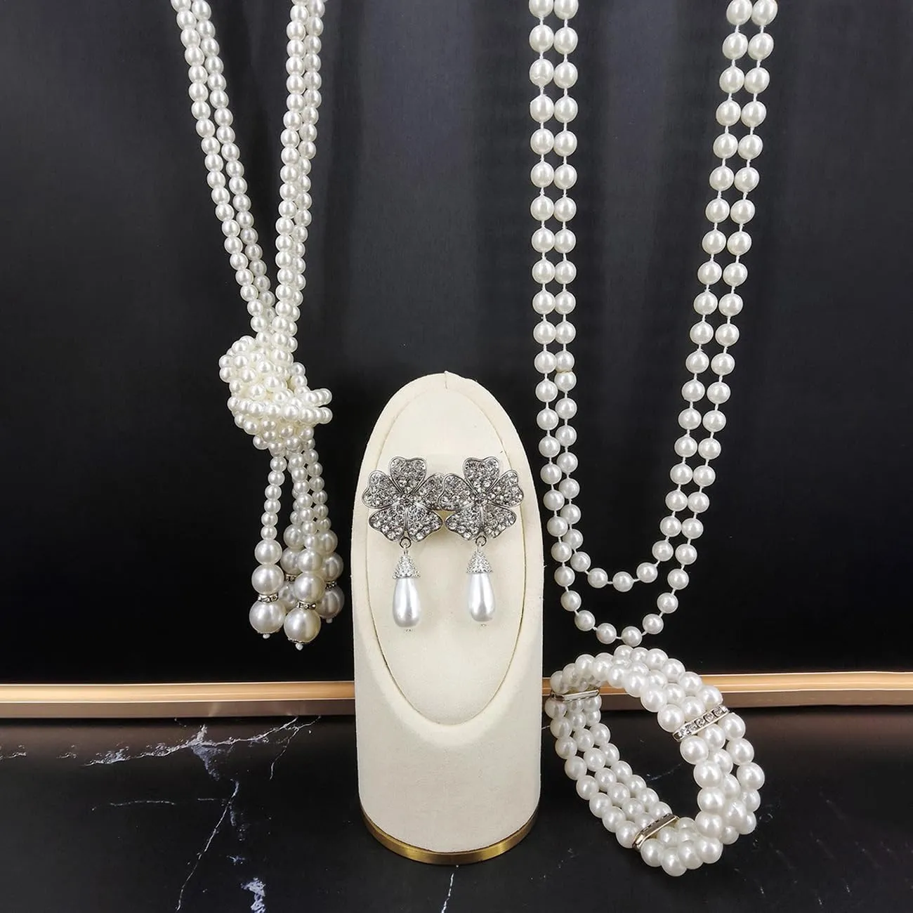 TOEECY Set Gioielli Sposa Perle Collana Multistrato Orecchini Fiore Bracciale Elegante Cerimonia Matrimonio Accessori Donna - immagine 4