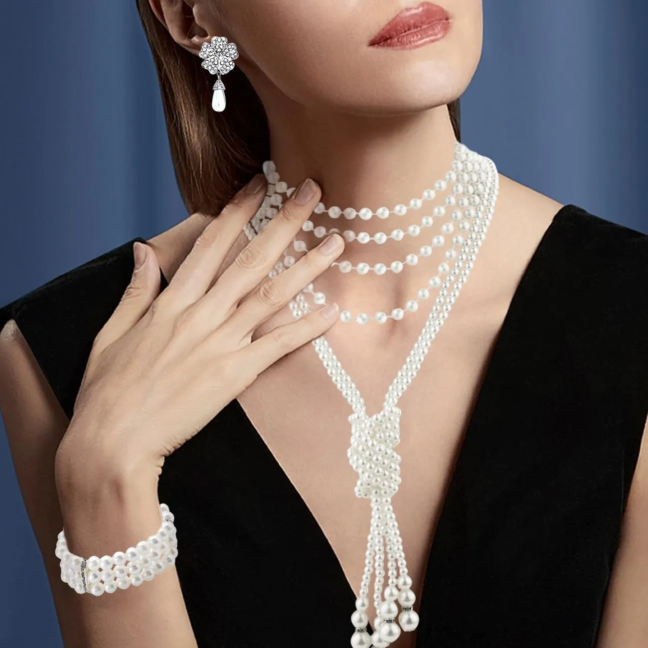 TOEECY Set Gioielli Sposa Perle Collana Multistrato Orecchini Fiore Bracciale Elegante Cerimonia Matrimonio Accessori Donna - immagine 5