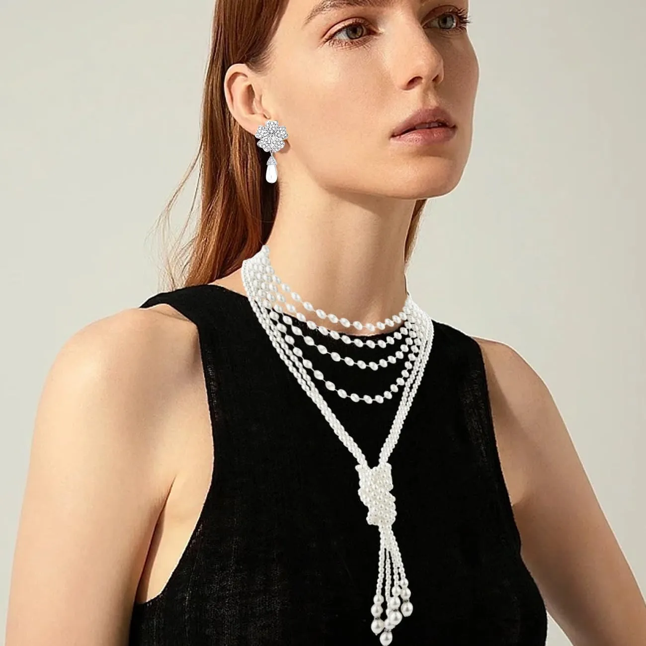 TOEECY Set Gioielli Sposa Perle Collana Multistrato Orecchini Fiore Bracciale Elegante Cerimonia Matrimonio Accessori Donna - immagine 6