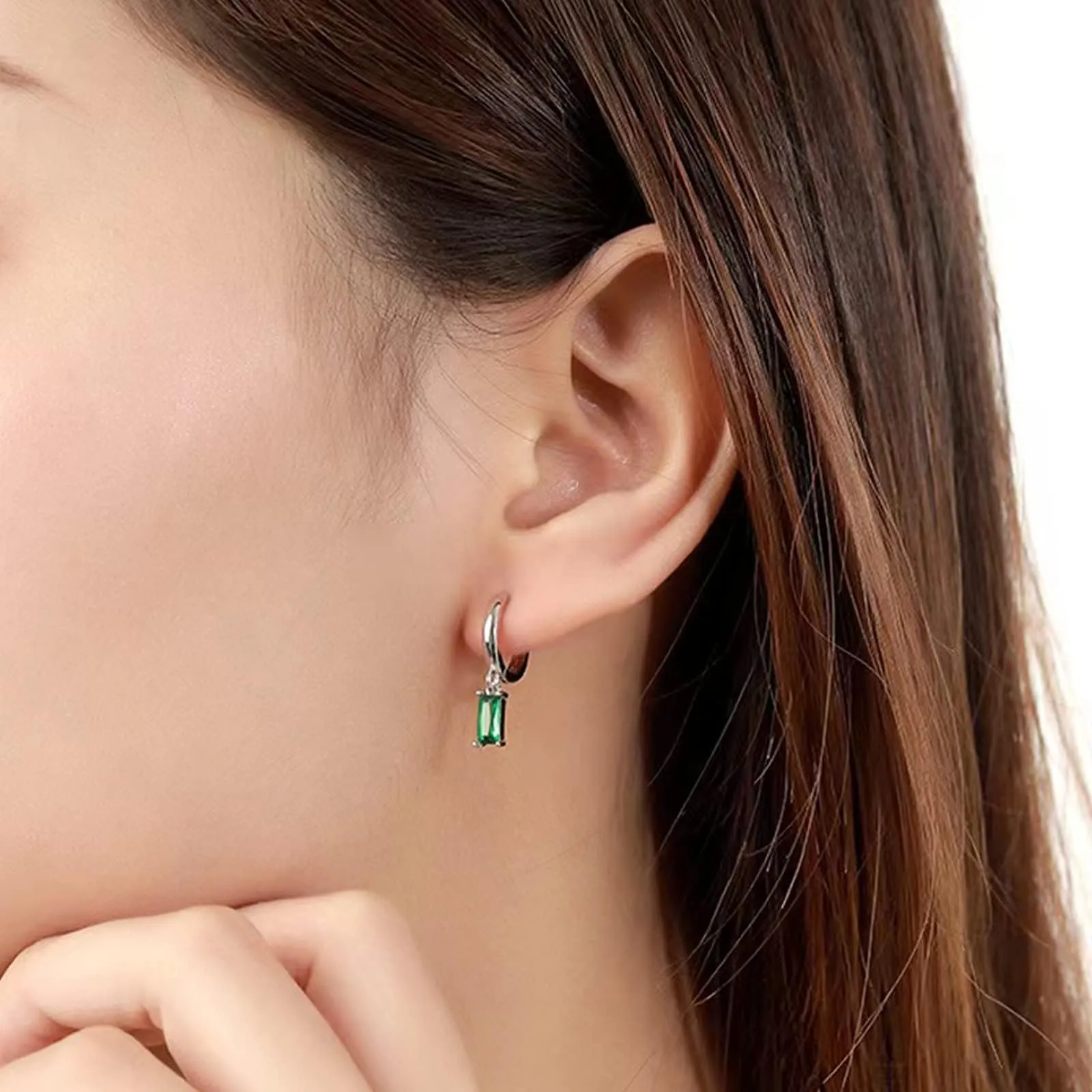 Orecchini creoli in oro da donna con pendente verde, orecchini a cerchio in oro 14 carati, unisex, 2 pezzi, Argento - immagine 2