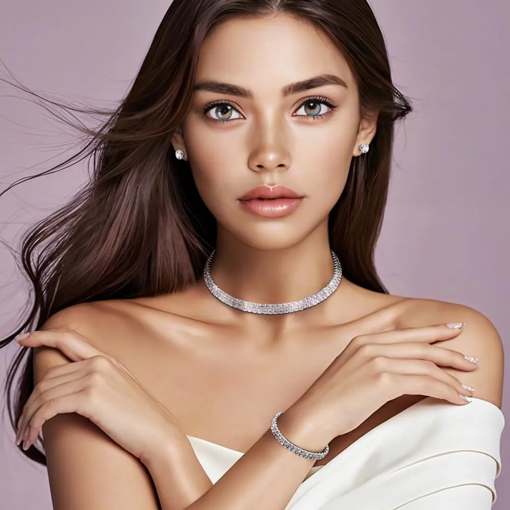 BKEPDY 3 Pezzi Gioielli Donna Scintillante Strass Collana Bracciale Orecchini Set Gioielli Premium Scintillante Gioielli per Abiti o da Indossare Tutti i Giorni - immagine 5
