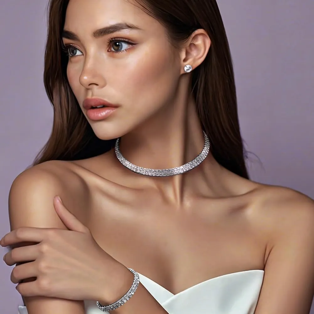 BKEPDY 3 Pezzi Gioielli Donna Scintillante Strass Collana Bracciale Orecchini Set Gioielli Premium Scintillante Gioielli per Abiti o da Indossare Tutti i Giorni - immagine 7
