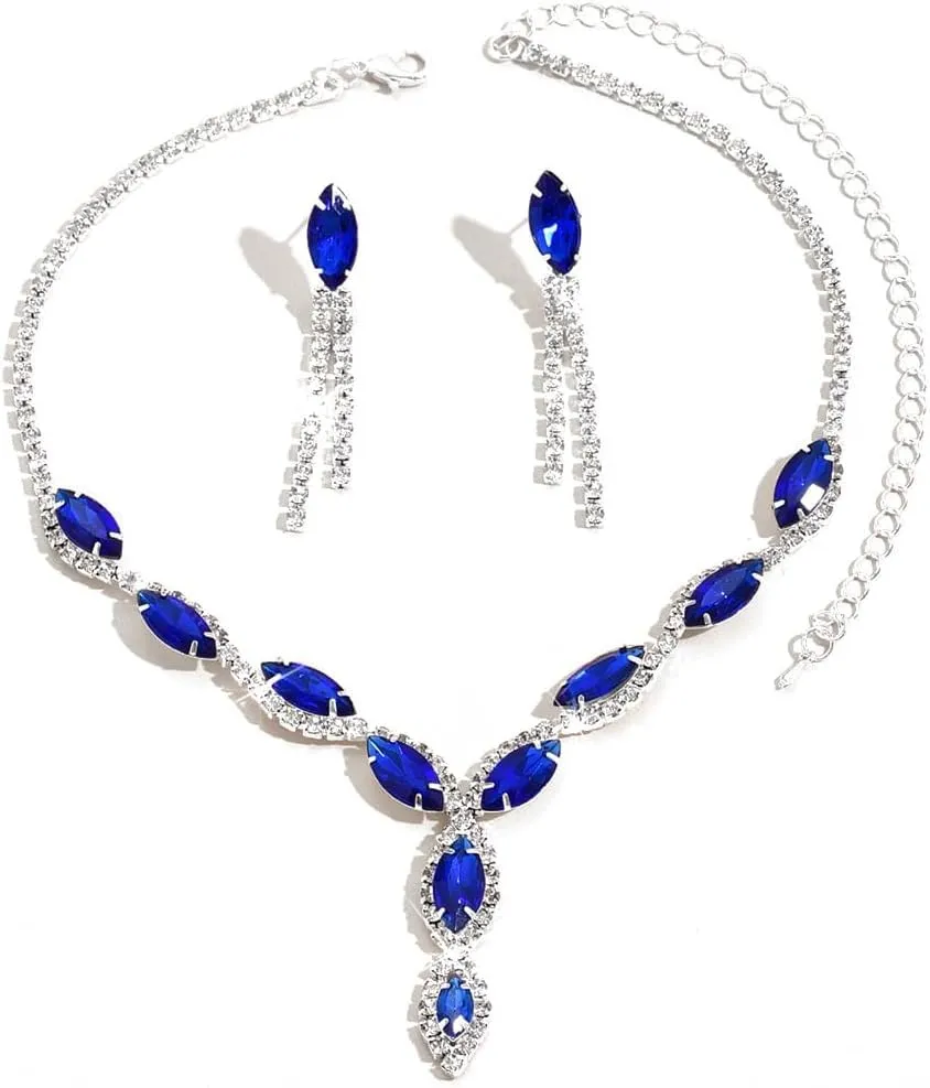 FDEETY Set di Gioielli da Donna Personalizzati Colore Cavallo Collana a Goccia Orecchini a Nappina Anallergici Collana e Orecchini da Sposa(Blu zaffiro) - immagine 1