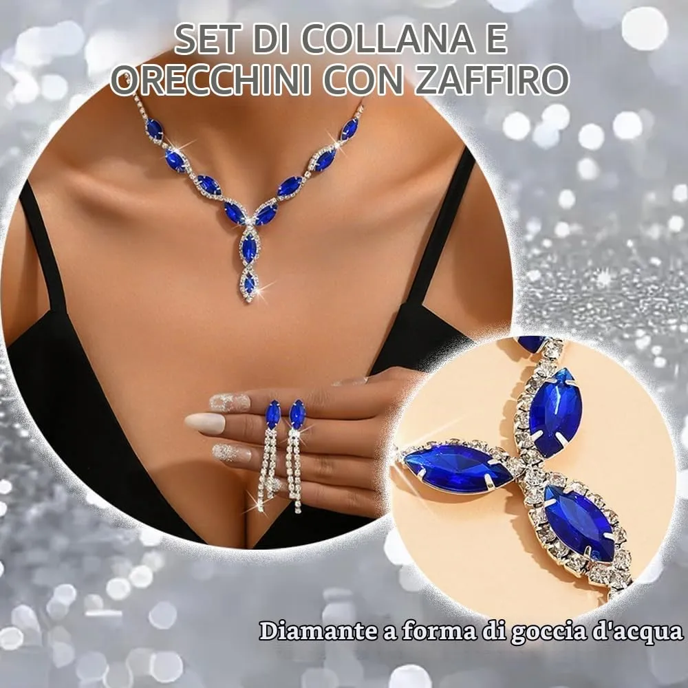FDEETY Set di Gioielli da Donna Personalizzati Colore Cavallo Collana a Goccia Orecchini a Nappina Anallergici Collana e Orecchini da Sposa(Blu zaffiro) - immagine 3