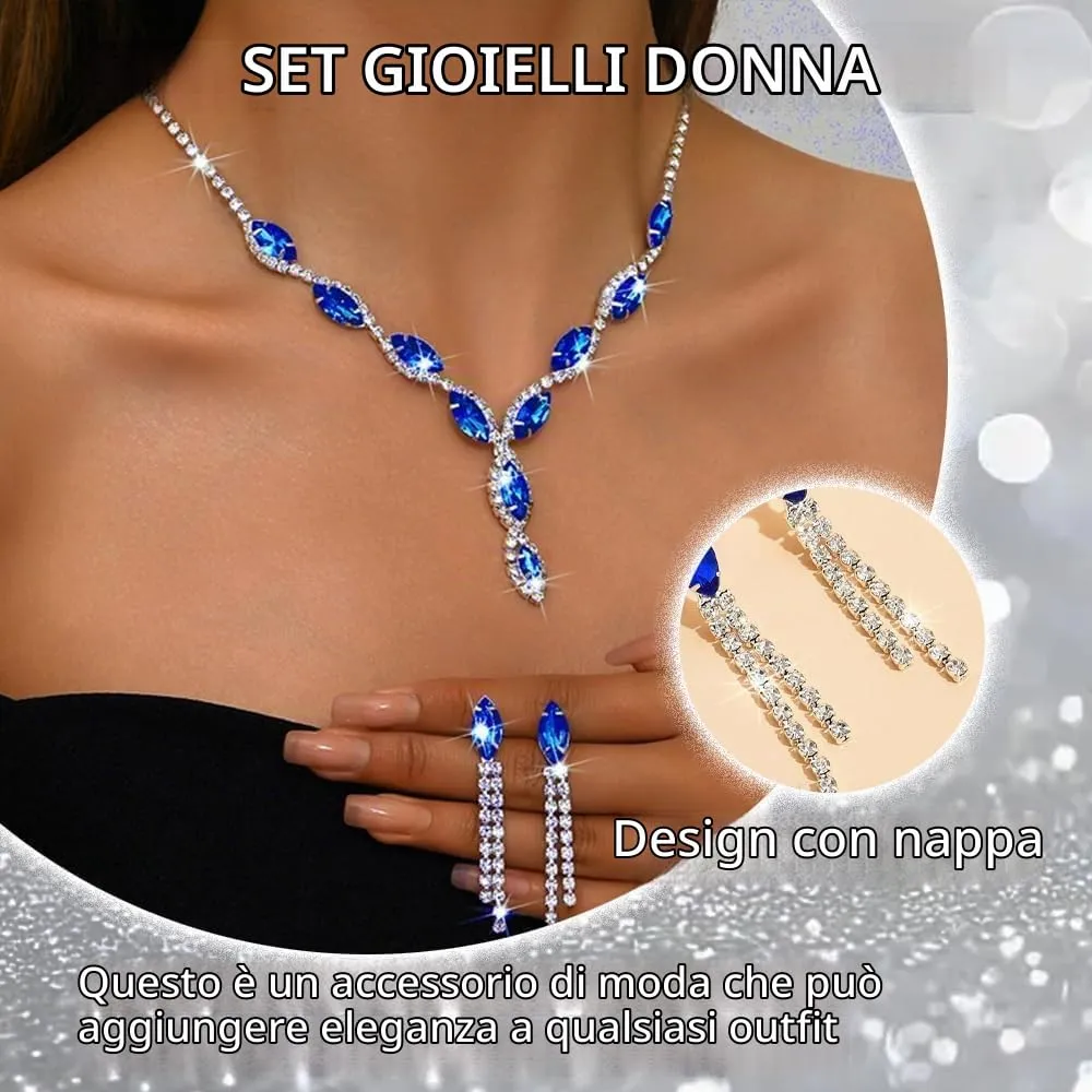 FDEETY Set di Gioielli da Donna Personalizzati Colore Cavallo Collana a Goccia Orecchini a Nappina Anallergici Collana e Orecchini da Sposa(Blu zaffiro) - immagine 4