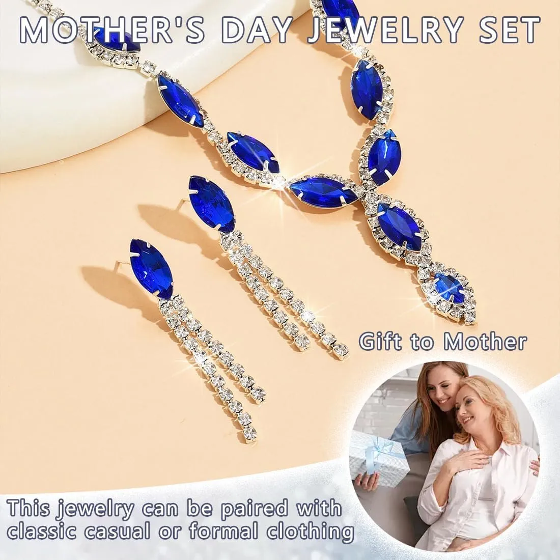 FDEETY Set di Gioielli da Donna Personalizzati Colore Cavallo Collana a Goccia Orecchini a Nappina Anallergici Collana e Orecchini da Sposa(Blu zaffiro) - immagine 7