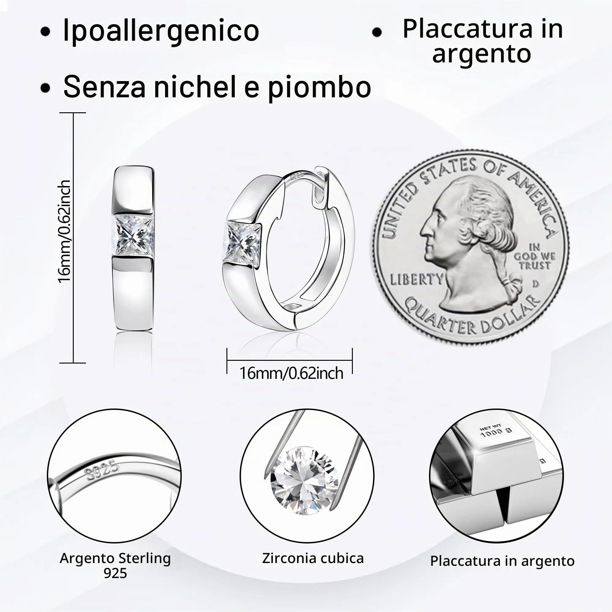 ALEXCRAFT Orecchini Donna Cerchio Argento Zirconi Quadrati Huggie Spessi - immagine 2