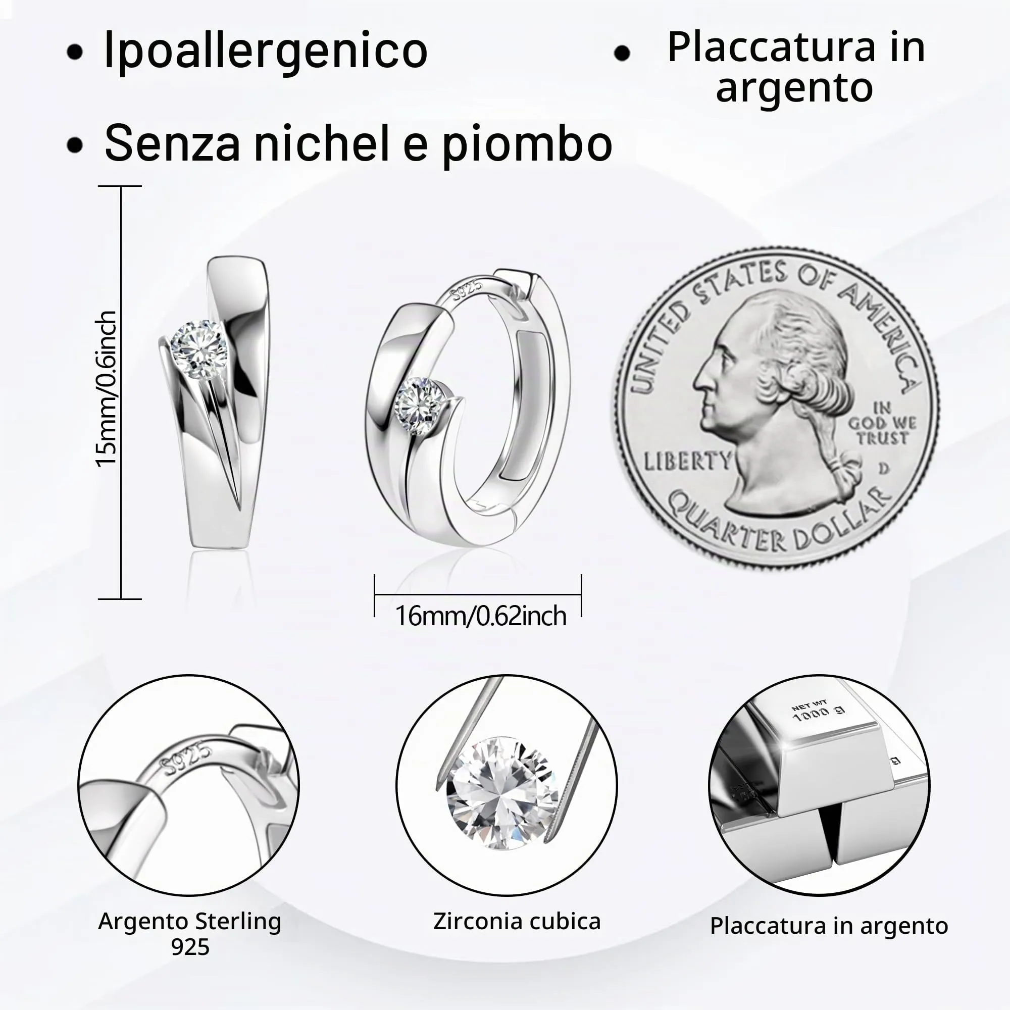 ALEXCRAFT Orecchini Cerchio Donna Argento Zirconi Rotondi Huggie - immagine 2