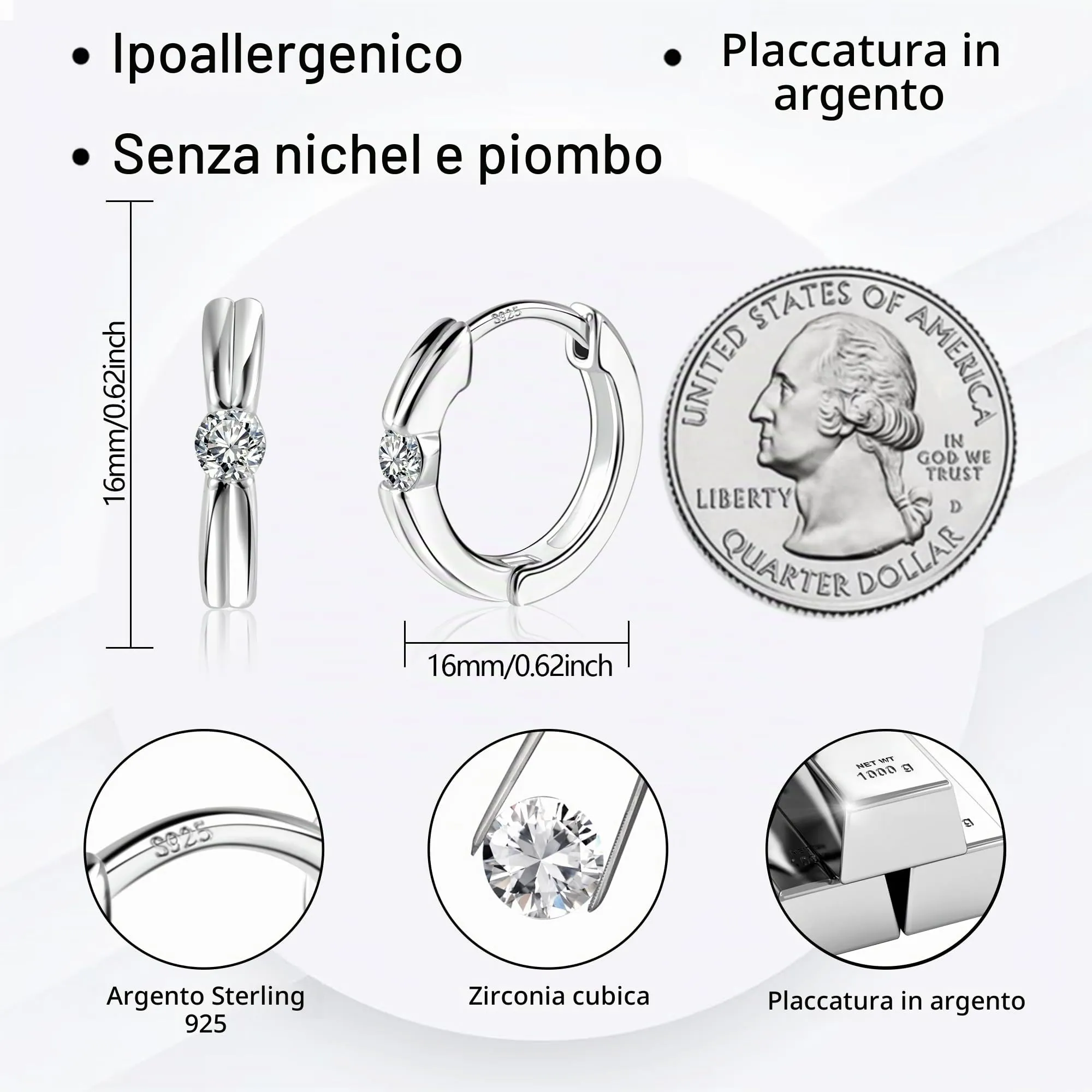 ALEXCRAFT Orecchini Donna Cerchio Argento Doppia Linea Huggie - immagine 2