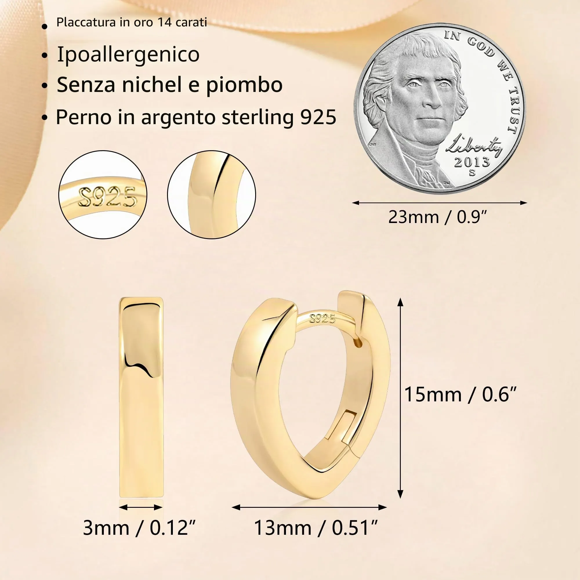 ALEXCRAFT Orecchini Cerchio Cuore Ovale Donna Oro 14K Lucido Huggie - immagine 2