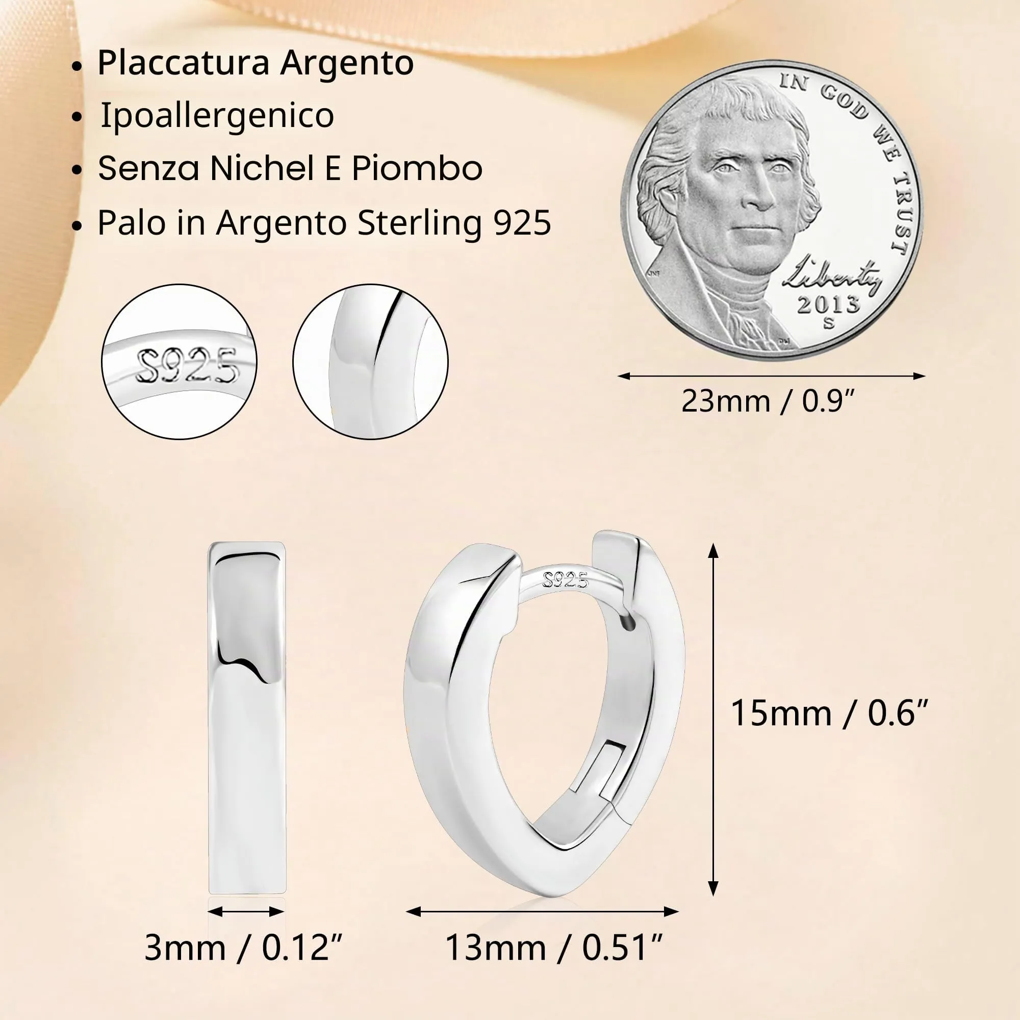 ALEXCRAFT Orecchini Cerchio Donna Argento Cuore Ovale Lucido Huggie - immagine 2