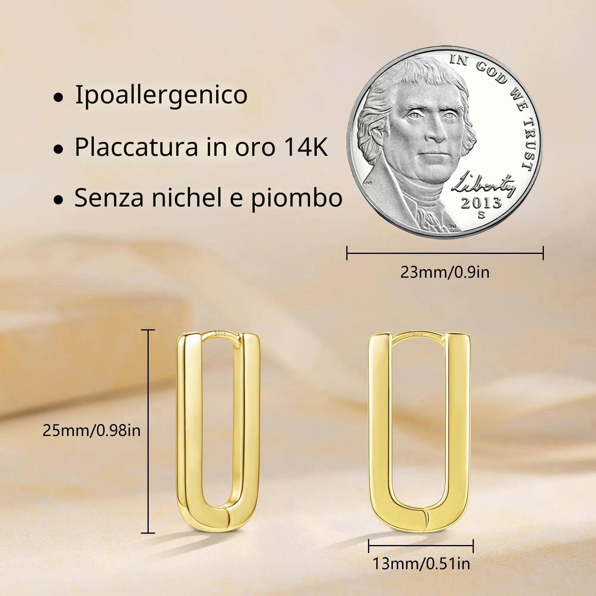 ALEXCRAFT Orecchini Donna Cerchio Oro 14K Rettangolari Huggie - immagine 5