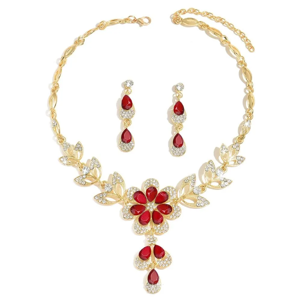 XFSRG 2 Pezzi Set Gioielli Donna Collana Orecchini Fiore Cristallo Brillante Elegante Parure Matrimonio Cerimonia Lusso (Rosso) - immagine 1