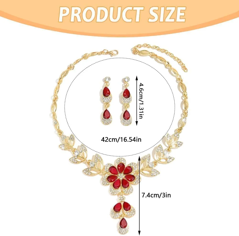 XFSRG 2 Pezzi Set Gioielli Donna Collana Orecchini Fiore Cristallo Brillante Elegante Parure Matrimonio Cerimonia Lusso (Rosso) - immagine 2