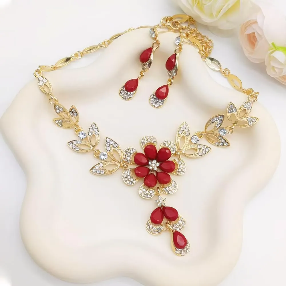 XFSRG 2 Pezzi Set Gioielli Donna Collana Orecchini Fiore Cristallo Brillante Elegante Parure Matrimonio Cerimonia Lusso (Rosso) - immagine 3