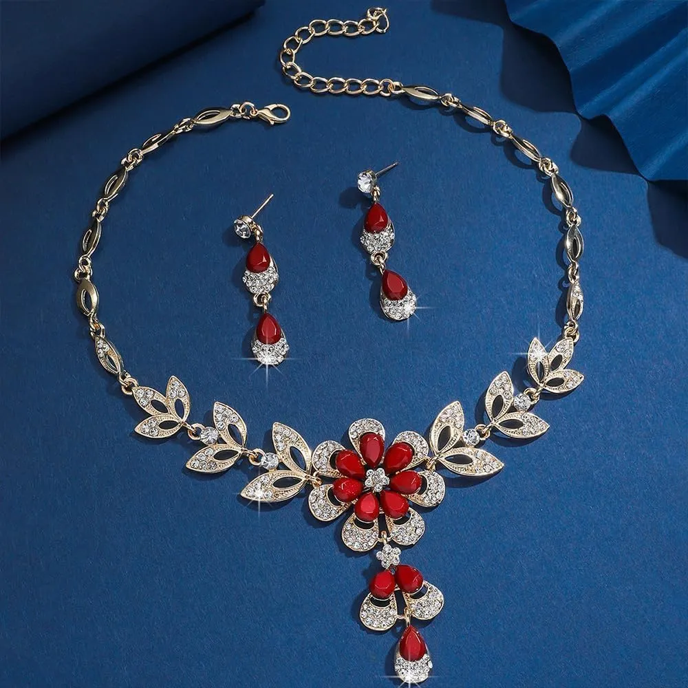 XFSRG 2 Pezzi Set Gioielli Donna Collana Orecchini Fiore Cristallo Brillante Elegante Parure Matrimonio Cerimonia Lusso (Rosso) - immagine 4