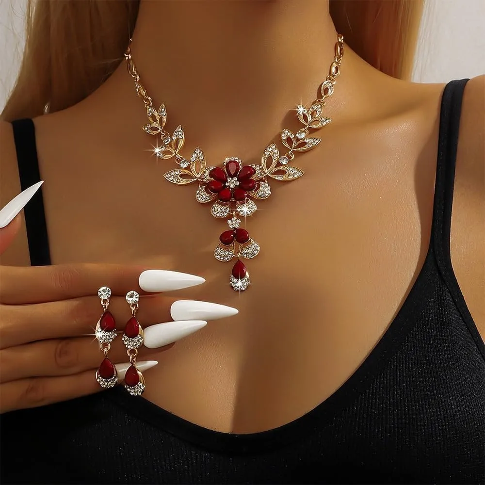 XFSRG 2 Pezzi Set Gioielli Donna Collana Orecchini Fiore Cristallo Brillante Elegante Parure Matrimonio Cerimonia Lusso (Rosso) - immagine 5
