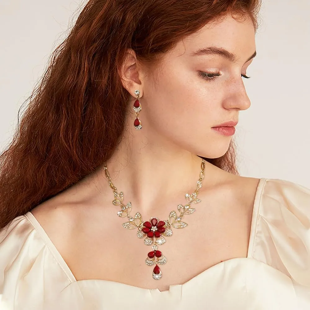 XFSRG 2 Pezzi Set Gioielli Donna Collana Orecchini Fiore Cristallo Brillante Elegante Parure Matrimonio Cerimonia Lusso (Rosso) - immagine 6