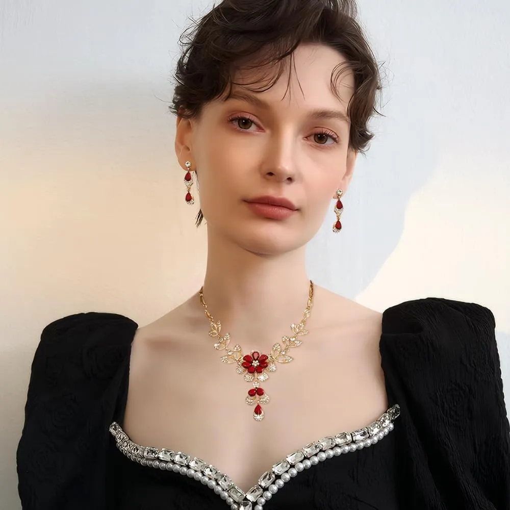 XFSRG 2 Pezzi Set Gioielli Donna Collana Orecchini Fiore Cristallo Brillante Elegante Parure Matrimonio Cerimonia Lusso (Rosso) - immagine 7