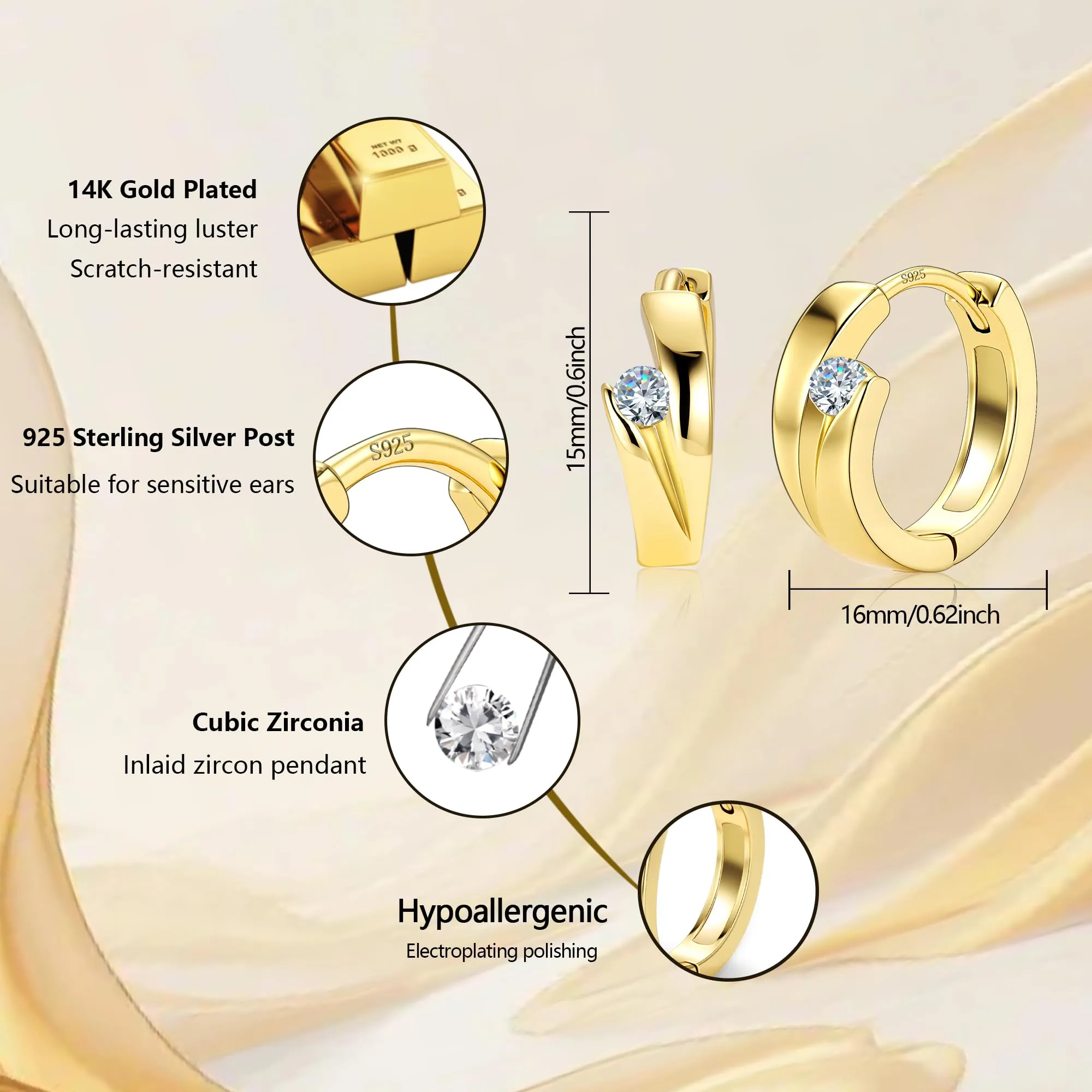 ALEXCRAFT Orecchini Donna Cerchio Oro 14K Zirconi Rotondi Huggie Spessi - immagine 3
