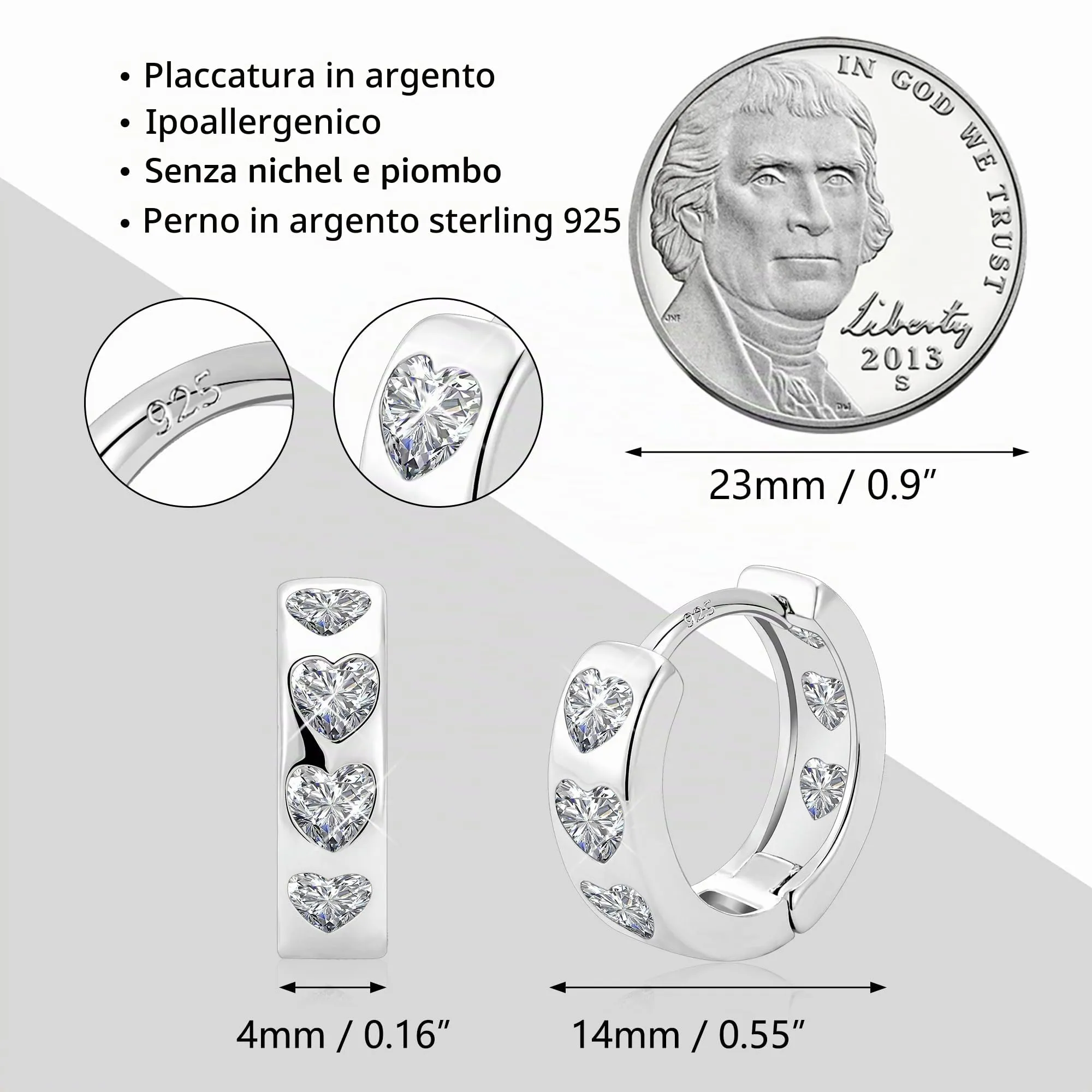ALEXCRAFT Orecchini Donna Cerchio Argento Cuore con Zirconi Huggie - immagine 2