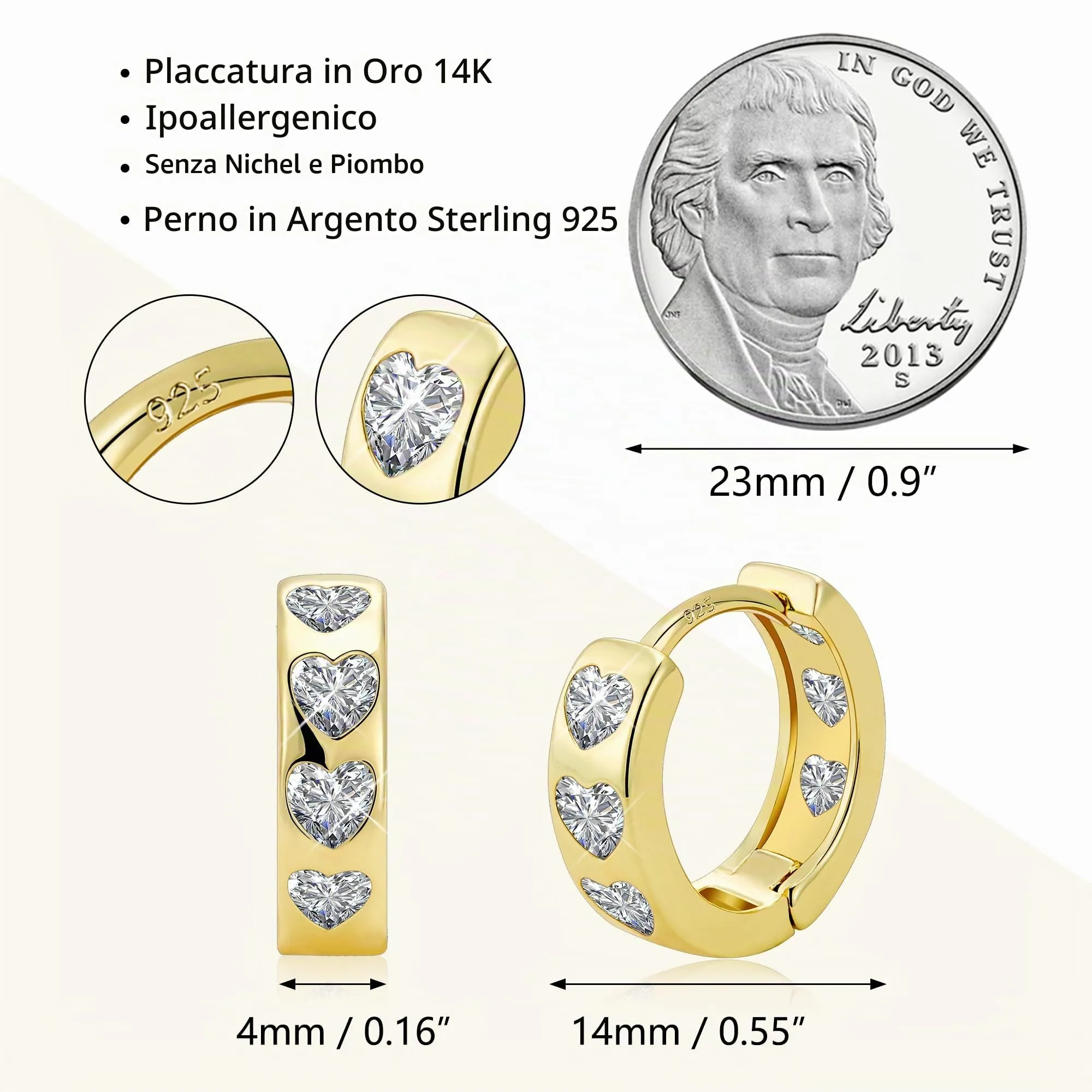 ALEXCRAFT Orecchini Cerchio Donna Oro 14K Huggie Cuore con Zirconi - immagine 2