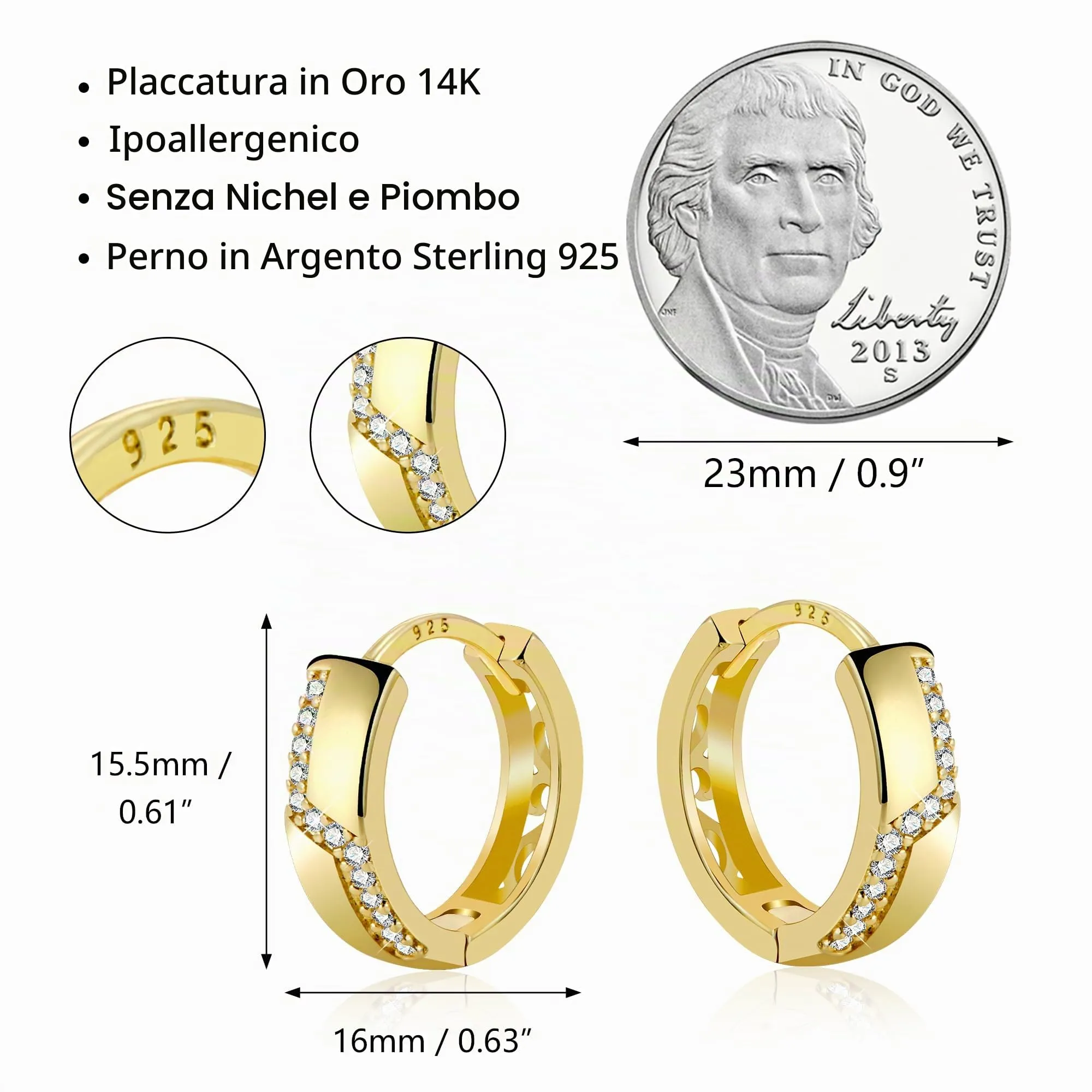 ALEXCRAFT Orecchini Donna Cerchio Oro 14K Spessi Zirconi Brillantini Huggie - immagine 5